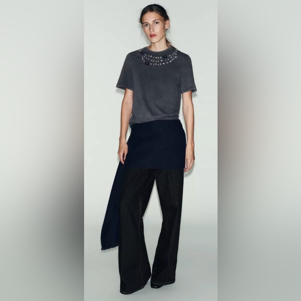 Zara Anthracite Gray T-Shirt With Rhinestones & Bows | XL | Cotton | NWT - Picture 9 of 14